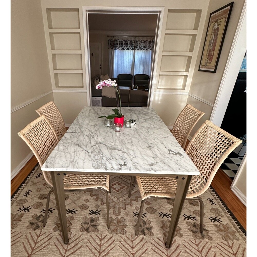 CB2 Paradigm Dining Room Table w/ REAL Carrara Marble and IKEA Nandor Chairs (4)